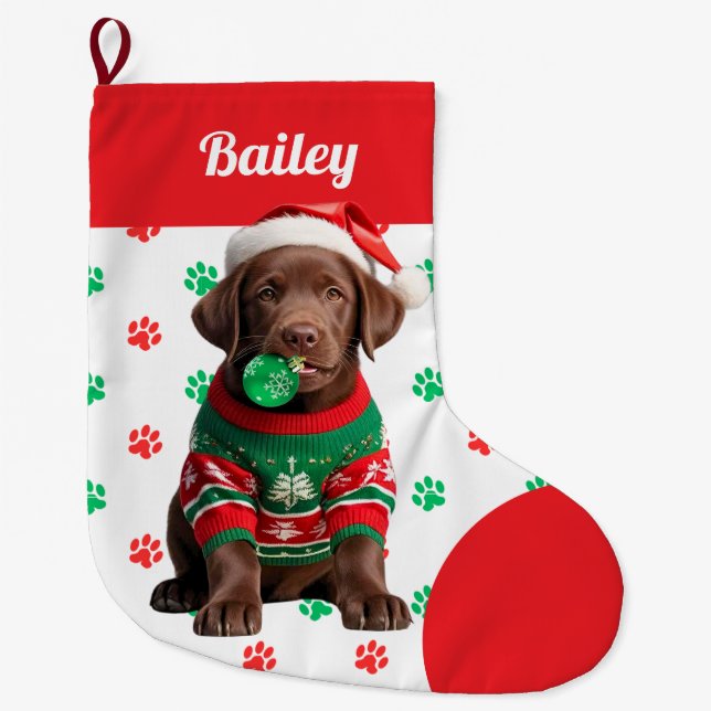 Meia De Natal Grande Chocolate Labrador Puppy Sweater Personalizado (Frente)