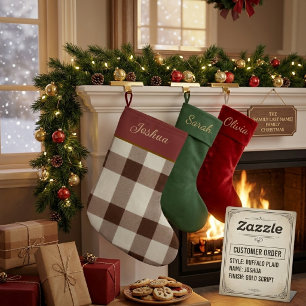Meia De Natal Grande Chocolate Marrom Personalizado Xadrez de Búfalo 