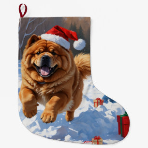 Meia De Natal Grande Chow Chow Correndo em Neve com Chapéu de Natal