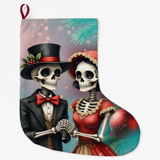 Meia De Natal Grande Christmas Bone Romance, A festive skeleton couple. (Frente)
