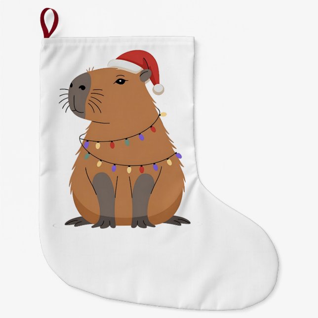 Meia De Natal Grande Christmas Capybara With Santa Hat Xmas Lights (Frente)