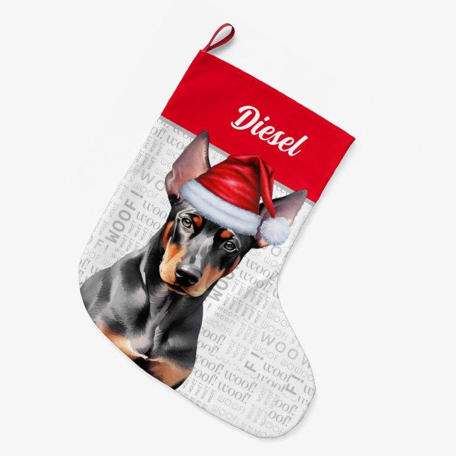 Meia De Natal Grande Christmas Doberman Pinscher Santa with Dog's Name (Frente (Pendurada))