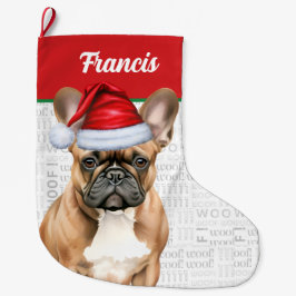Meia De Natal Grande Christmas French Bulldog with Name Woof Background