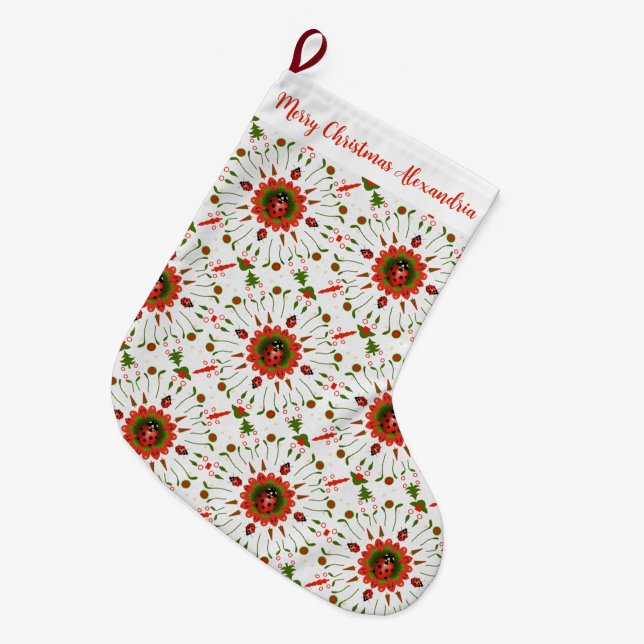 Meia De Natal Grande Christmas Ladybug Red, Green, and White Name (Frente (Pendurada))