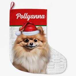 Meia De Natal Grande Christmas Pomeranian Dog with Name Woof