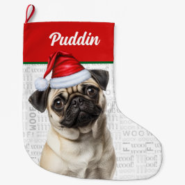 Meia De Natal Grande Christmas Pug Dog with Name Woof