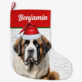 Meia De Natal Grande Christmas Saint Bernard Dog with Name Woof