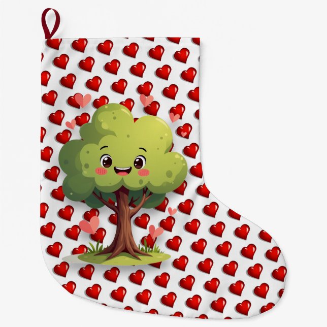 Meia De Natal Grande Christmas Stocking, Tree Red Hearts Love (Frente)