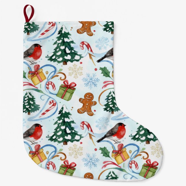 Meia De Natal Grande Christmas watercolor pattern  (Frente)