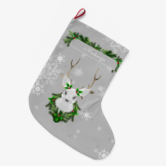 Meia De Natal Grande Cinza Reindeer Stocking (Frente (Pendurada))