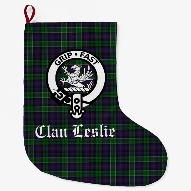 Meia De Natal Grande Clan Leslie Crest Crachá e Tartan personalizável (Frente)