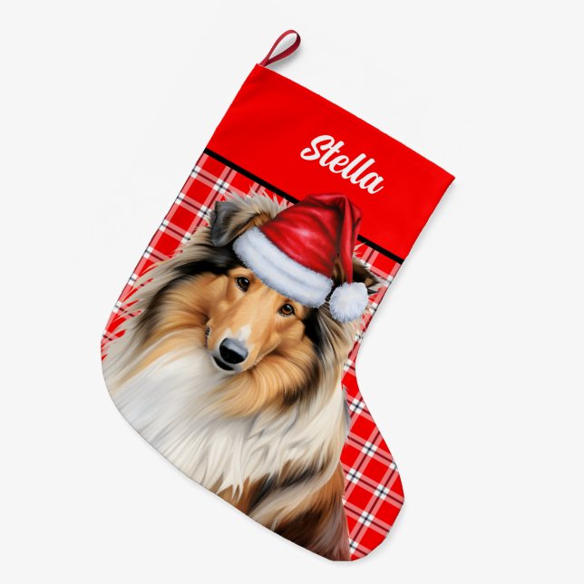 Meia De Natal Grande Collie Dog Holiday Red Xadrez Personalizada (Frente (Pendurada))