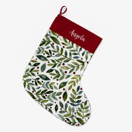 Meia De Natal Grande Coloração aquosa verde ramos e bagas sazonais