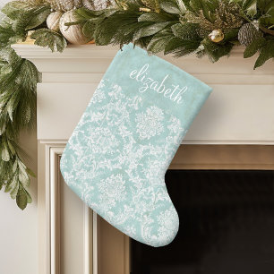 Meia De Natal Grande Cor damasco de Vintagem Azul de Gelo com Término