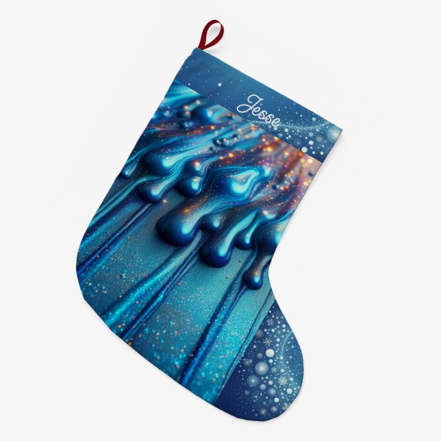 Meia De Natal Grande Cor de gotejamento azul iridescente personalizada (Frente (Pendurada))