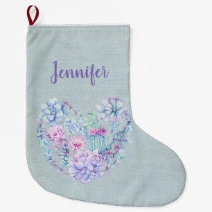 Meia De Natal Grande Coração Personalizado de Suculentes de Aquarela
