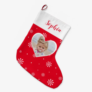 Meia De Natal Grande Coração Vermelho & Flocos de Neve   Foto Personali