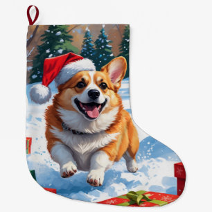 Meia De Natal Grande Corgi Correndo na Neve com Chapéu de Natal