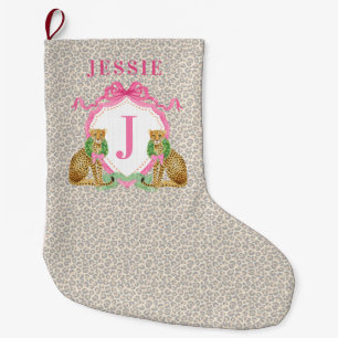 Meia De Natal Grande Coroa de Natal de Leopardo com Monograma e Nome