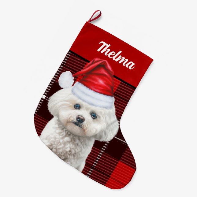 Meia De Natal Grande Coton de Tulear Red Xadrez e Nome dos Cães (Frente (Pendurada))