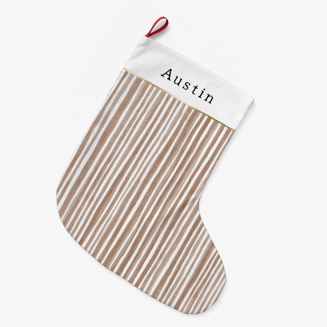 Meia De Natal Grande Cream Brown Stripes Christmas    (Frente (Pendurada))