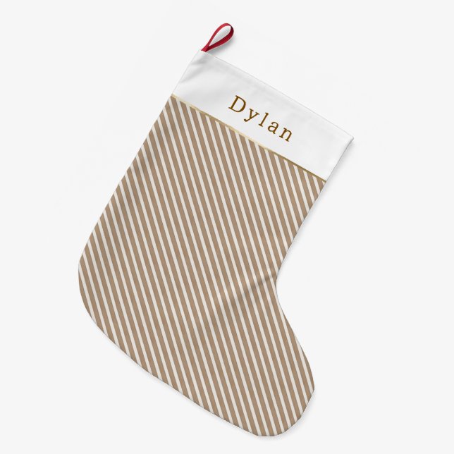 Meia De Natal Grande Cream Brown Stripes Christmas (Frente (Pendurada))