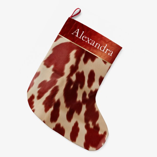 Meia De Natal Grande Cream Red Cowhide Christmas Name (Frente (Pendurada))
