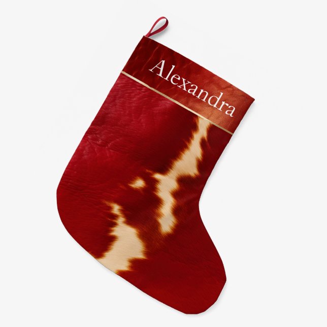 Meia De Natal Grande Cream Red Western Cowhide Christmas (Frente (Pendurada))