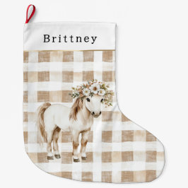 Meia De Natal Grande Cream White Plaid Stripes Floral Horse Christmas