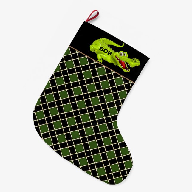 Meia De Natal Grande Crocodilo em Padrão de Diamante Preto e Verde (Frente (Pendurada))