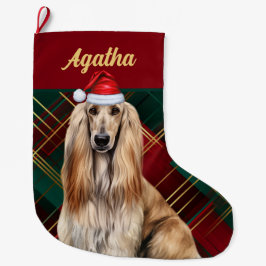Meia De Natal Grande Cute Afghan Hound Dog Holiday Plaid Personalized