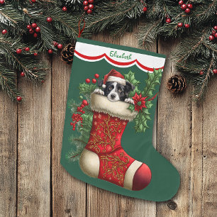 Meia De Natal Grande Cute Border Collie Peeking