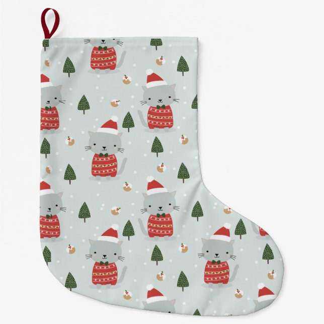 Meia De Natal Grande Cute Christmas Cat Pattern – Festive Holiday  (Frente)