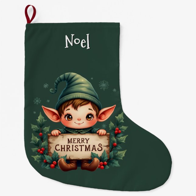 Meia De Natal Grande Cute Christmas Elf Holding Merry Sign Green (Frente)