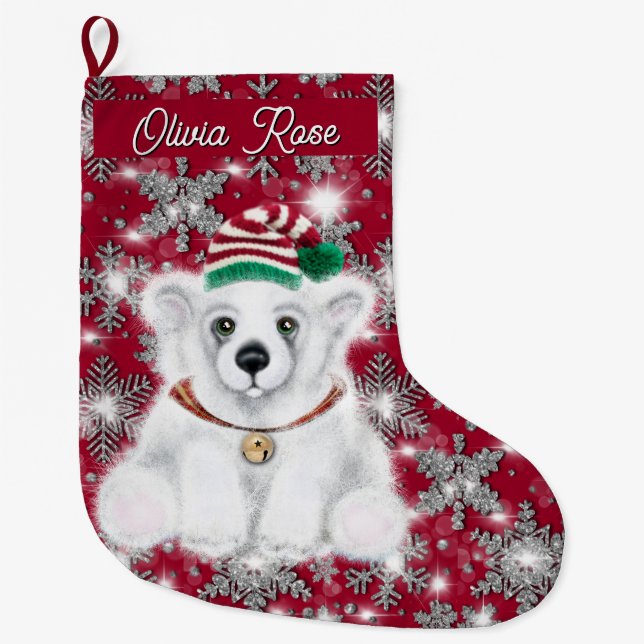 Meia De Natal Grande Cute festive holiday Polar bear glitter snowflakes (Frente)