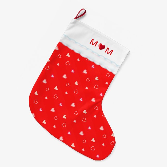 Meia De Natal Grande Cute Mom with Heart & Heart Pattern on Red (Frente (Pendurada))