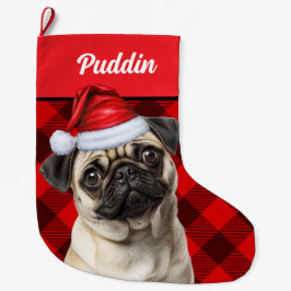 Meia De Natal Grande Cute Pug Dog Red Buffalo Plaid Custom