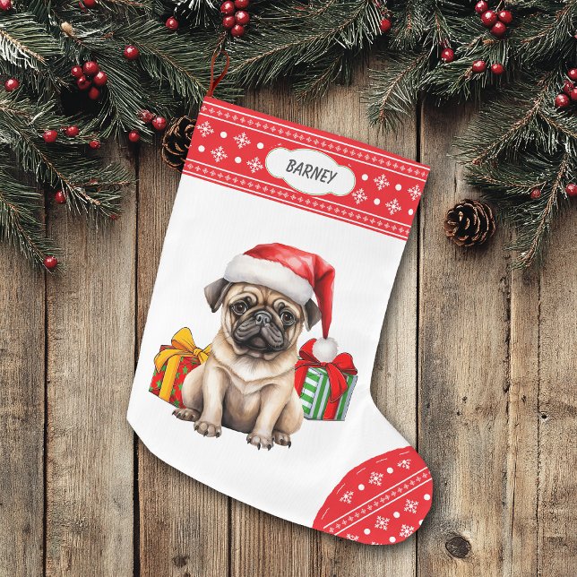 Meia De Natal Grande Cute Pug Puppy Santa Hat Floco de neve (Criador carregado)