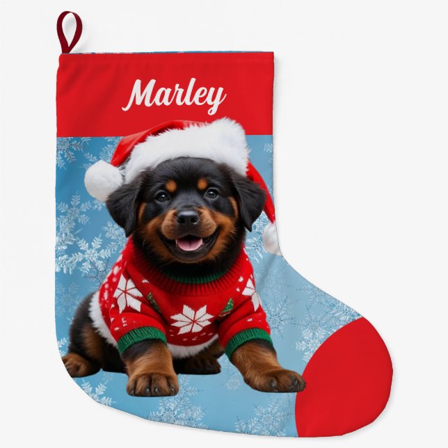 Meia De Natal Grande Cute Rottweiler Puppy no Sweater Personalizado (Frente)