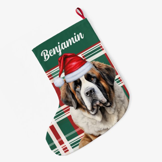 Meia De Natal Grande Cute Saint Bernard Dog Plaid Custom (Verso (Pendurada))