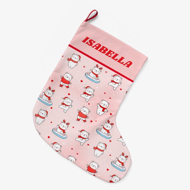 Meia De Natal Grande Cute Winter Polar Bear Christmas (Frente (Pendurada))