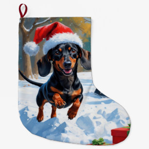 Meia De Natal Grande Dachshund Correndo na Neve com Chapéu de Natal