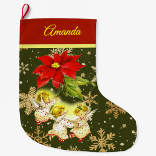 Meia De Natal Grande Dançando ninhos em verde com flocos de neve Dourad