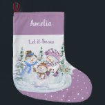 Meia De Natal Grande Deixe-me Snow Happy Snowman Family Lavanda<br><div class="desc">Parada de Natal personalizada com Deixar a cena do boneco de neve na lavanda e no fundo da neve. Este design de aquarela bonitinho apresenta uma família feliz de homens de neve e árvores de natal e você pode personalizar com um nome.</div>