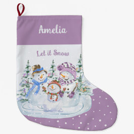 Meia De Natal Grande Deixe-me Snow Happy Snowman Family Lavanda