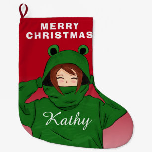 Meia De Natal Grande Desenho de menina com capuz de rã verde