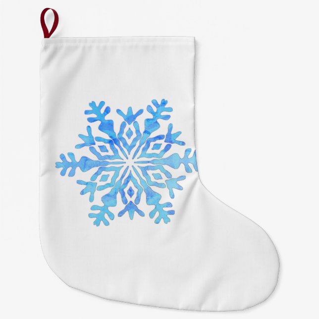 Meia De Natal Grande Design de floco de neve azul com estoque de natal (Frente)