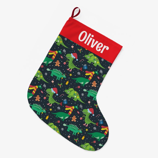 Meia De Natal Grande Dinossauros de Férias de Natal (Frente (Pendurada))