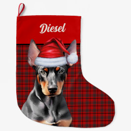 Meia De Natal Grande Doberman Pinscher Dog Holiday Plaid Personalized