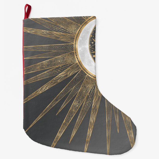Meia De Natal Grande Dodles Dourados Elegantes Sun Moon Mandala Design (Frente)
